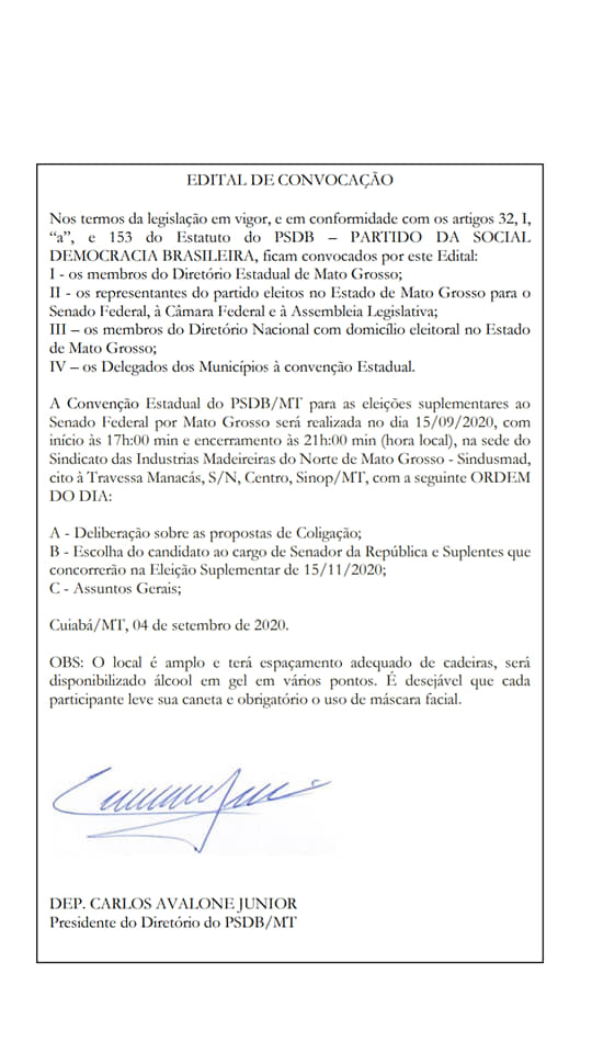 Edital de convocação do PSDB/MT para as eleições suplementares ao Senado Federal por Mato Grosso