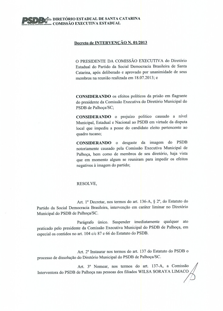 Decreto de INTERVENÇÃO nº01.2013 Pg01