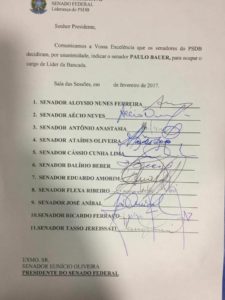 Bancada do PSDB escolheu, por unanimidade, o catarinense Paulo Bauer para exercer a liderança do partido no Senado Federal.