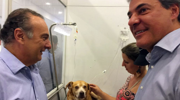 #pracegover: Foto mostra deputado Tripoli e governador Richa em clínica veterinária. Uma mulher aparece ao lado do governador e um cão está deitado sob o balcão