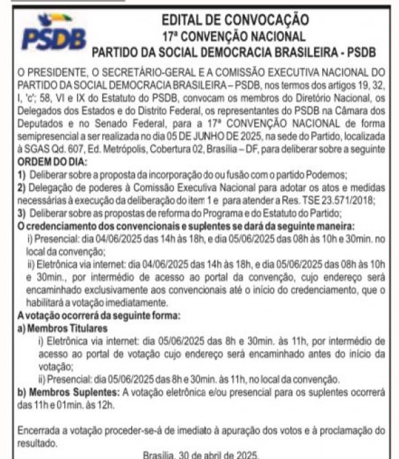 Convenção Nacional convocada oficialmente para 5 de junho